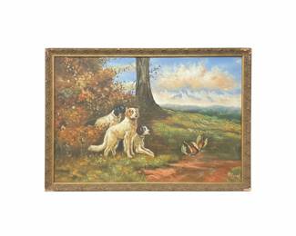 Oil Painting of Dogs and Ducks in a Landscape signed B. Frank