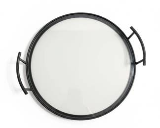 Round Mirrored Tray with Black Metal Frame and Handles