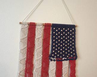 Macrame American Flag Wall Hanging with Wooden Beads
