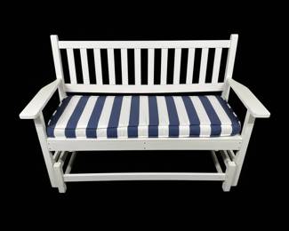White Wooden Glider Bench with Blue and White Striped Cushion