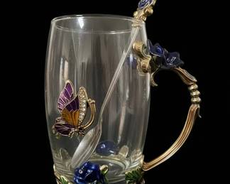 Arc International Enamel Butterfly and Floral Decorated Glass Tumbler with Spoon