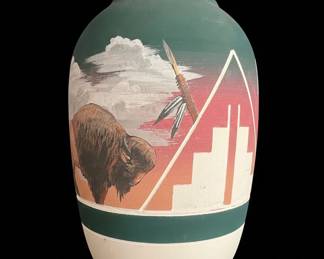 Sioux Pottery HandPainted Vase with Buffalo and Mountain Scene