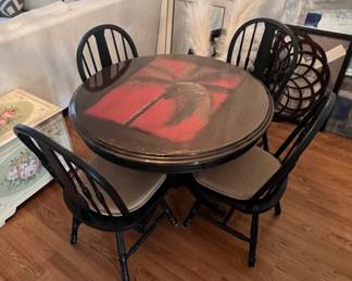 Round Dining Table with Palm Tree Inlay and Four Chairs
