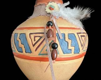 Southwestern Style Ceramic Vase with Feather and Bead Embellishments