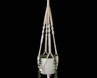 Macrame Plant Hanger with White Ceramic Pot and Faux Succulents