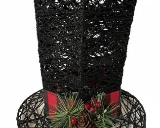 Black Glitter Top Hat with Plaid Band and Pinecone Embellishments  Christmas Decor