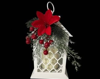 White Metal Christmas Lantern with Poinsettia and Berries