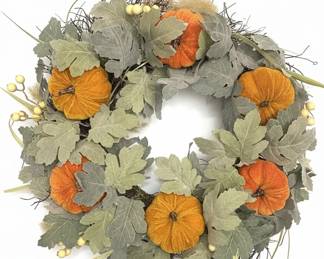 Artificial Fall Harvest Wreath with Velvet Pumpkins and Berries