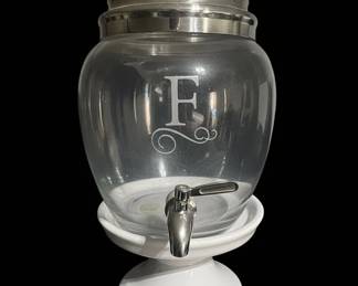 Pottery Barn F Monogram Glass Beverage Dispenser with Ceramic Stand