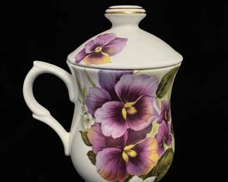 Golden Crown Fine Bone China Tea Caddy with Lid  Purple Pansy Pattern