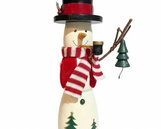 Wooden Snowman Figurine with Top Hat and Scarf