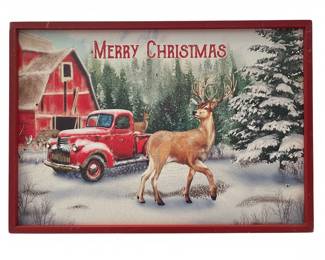 Christmas Scene Wall Art with Deer and Red Truck