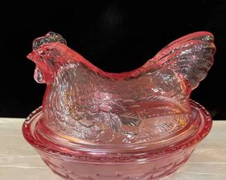 The Longaberger company Pink Glass Hen In A Basket