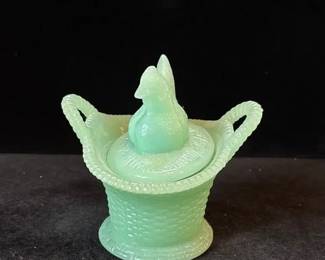 Glass Mosser Covered Hen on Nest Basket Style Dish
