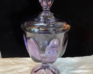 Vintage Viking Glass lidded pedestal candy jar “Teaberry" purple color, featuring six-petal design