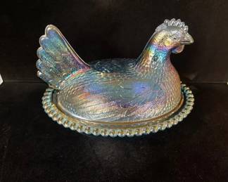 Vintage Indiana Glass Iridescent Carnival Blue Hen on Nest Covered Candy Dish 7"