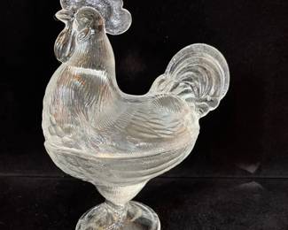 Vtg L.E. Smith Clear Glass Rooster Covered Candy Dish Chicken Depression