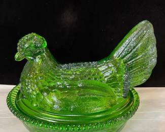Heavy Large Green Glass “Hen on Nest” or Basket