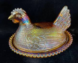 Iridescent Carnival Glass Hen on Nest covered Candy Dish