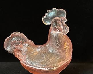 Pedestal Footed Pink Covered Glass Rooster Dish