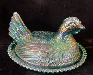 Iridescent Hen on Nest Glass Candy Dish