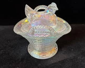 Westmorland Iridescent Glass Hen on Nest Covered Dish Basket Design