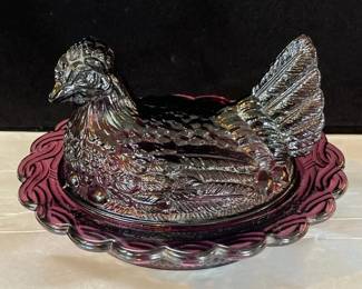 Purple Glass Hen on Nest Covered Candy Dish