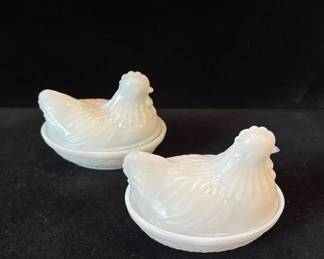 2 White Glass Covered Hens on Nests Dishes