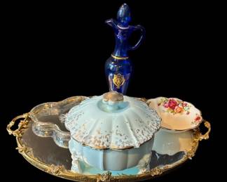 Variety of Glass and Ceramic Bottles * Royal Albert Soap Dish * Dishes and Mirror Tray