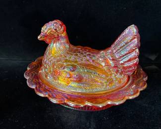 Mosser Glass Hen on Nest covered dish in a Marigold Carnival finish
