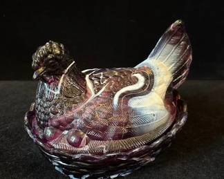Purple White Blend Glass Hen on Nest Covered Dish