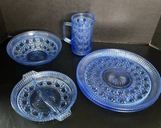 Vintage Indiana Button & Cane Windsor Blue Glass *2 Plates *Pitcher *Bowl *Divided Relish Dish