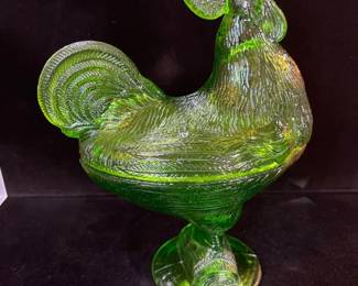 Vintage Green Glass Rooster Candy Dish