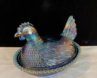 Iridescent Carnival Glass Hen Nesting Covered Dish