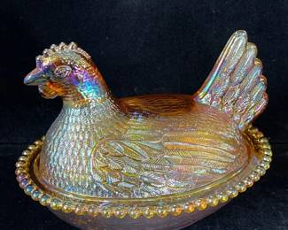 Nesting Hen Iridescent Carnival Glass
