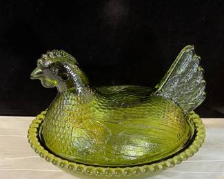 Green Glass Hen on Nest Covered Candy Dish