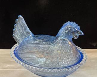 Vintage Blue Glass Hen In A Basket