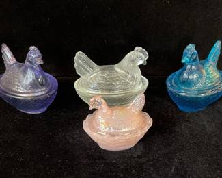 4 Vintage smaller “Hens on Nest” glass covered dishes