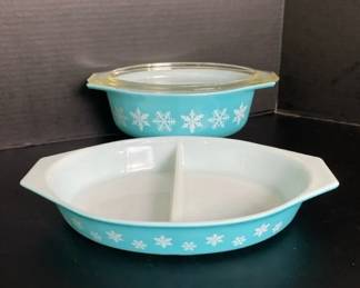 Vintage Pyrex Baking Dishes Turquoise Snowflake pattern *Casserole Dish *Divided Serving Dish
