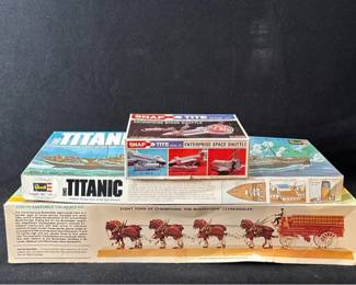 3 Boxed Model Kits * Budweiser Clydesdale Hitch * Enterprise Space Shuttle * Titanic