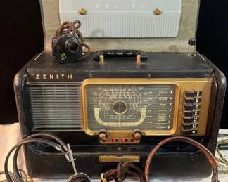 Vintage Trans-Oceanic Tube Radio with Old Headphones & Microphones