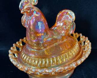 Vtg Imperial Glass Large Carnival Marigold Rubigold COCKEREL ON NEST Rooster