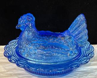 Mosser Blue Glass Hen on Nest