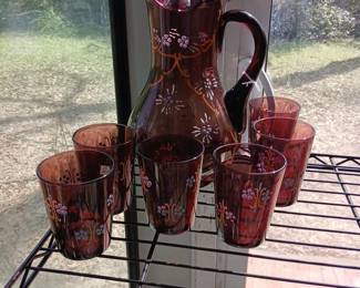 Antique amethyst painted pitcher and glasses