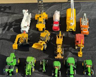 RARE DIE CAST JOHN DEERE TRACTORS, CATERPILLAR EXCAVATORS, BUCKET TRUCKS