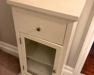 White painted side table with drawer and glass door