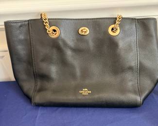 Coach black pebbled leather chain link tote bag