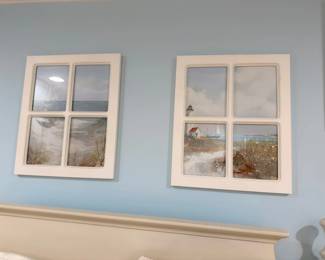 Pair of coastal beach window-pane framed wall art