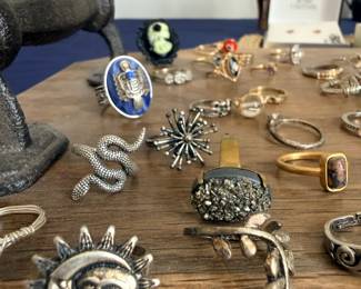 Sterling sun face, snake, and druzy gemstone rings