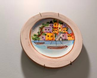 Hand-painted Italian style decorative plate, coastal village scene